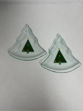 Gorham Fused Glass Christmas Tree Dish Set of 2